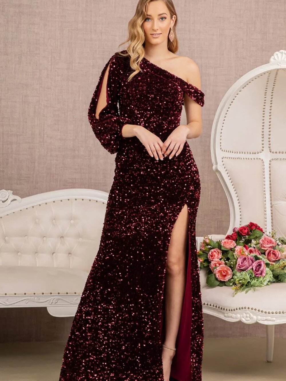NEW WINE Sequin & Velvet Evening Gown Floor Length Formal Elegant GL3159